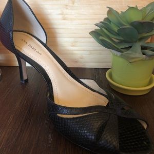 Ann Taylor snake skin black open-toe heel